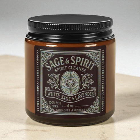 A high-quality studio photograph of the Grimoire & Goblet White Sage & Lavender candle. The 9 oz or 4 oz amber-colored glass jar is cylindrical with a smooth, black metal lid. The ornate, detailed label features the brand's name, 'Sage & Spirit,' an all-seeing eye, and the scent notes 'White Sage + Lavender.' The 100% soy wax blend and cotton wick are visible, crafted for a long-burning, clean, and elegant home fragrance. This piece of gothic home decor is a spiritual tool for energy cleansing.